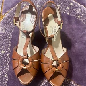 Salvatore Ferragamo Tan Brown Leather T-Strap Heeled Sandals with Gold Accents